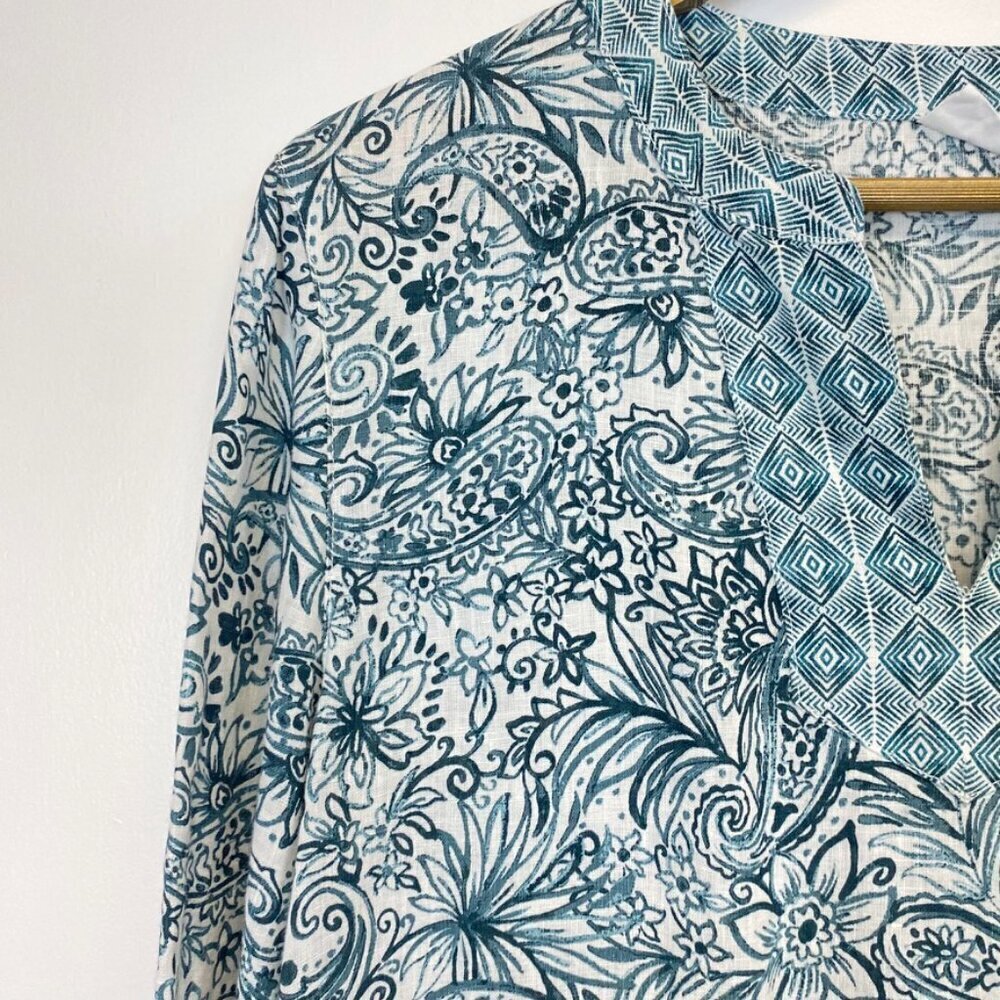Sigrid Olsen 100% Linen Teal and White Paisley Tunic - Picture 5 of 11